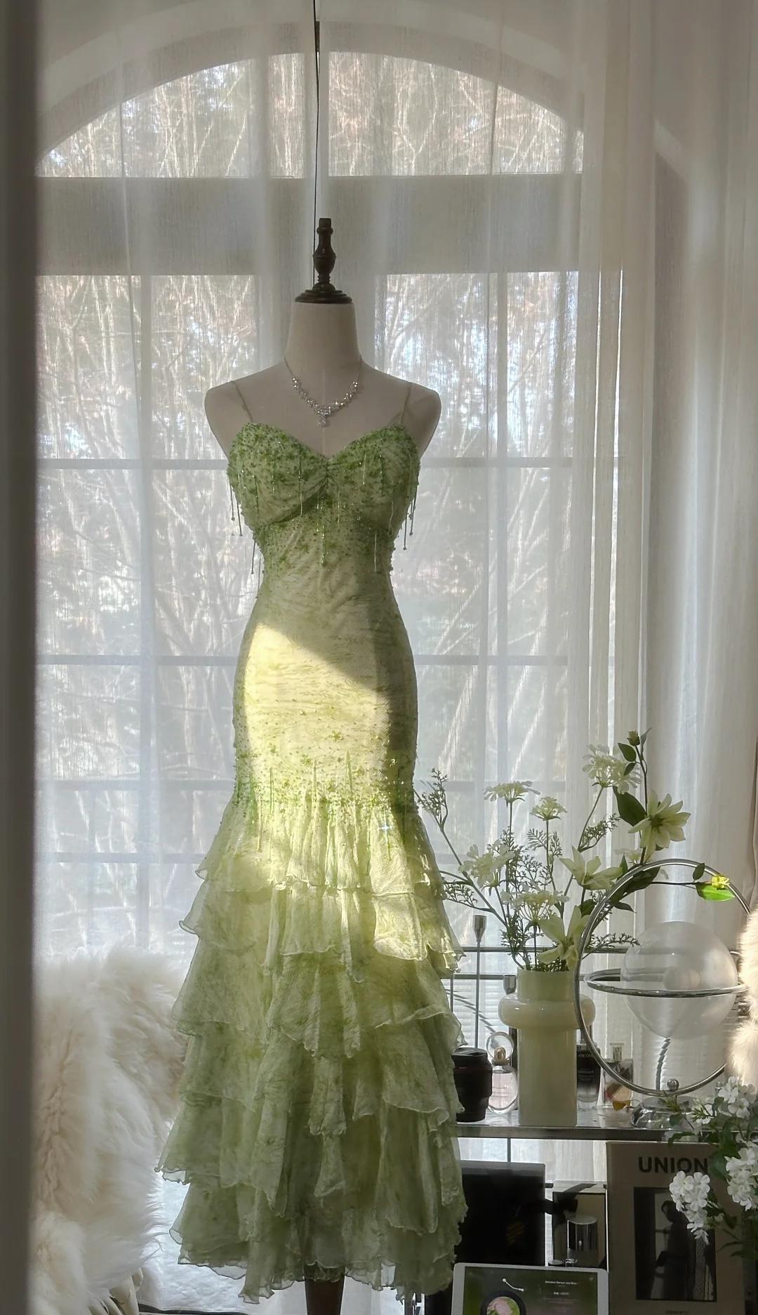 Fairytale Green Mermaid Vintage Party Dresses Sweetheart Chiffon Beaded Layed  Prom Dresses Main image