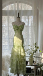 Fairytale Green Mermaid Vintage Party Dresses Sweetheart Chiffon Beaded Layed  Prom Dresses