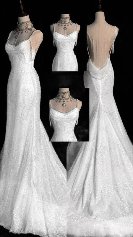 Fairytale Mermaid Wedding Dress Glittering Straps Backless Wedding Dress