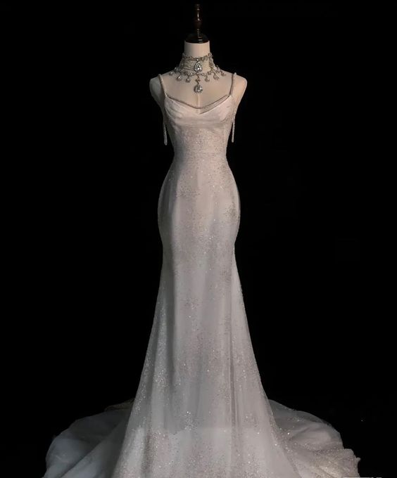 Fairytale Mermaid Wedding Dress Glittering Straps Backless Wedding Dress