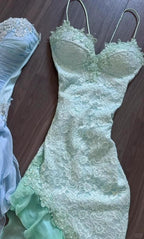 Fairytale Mint Green Spaghetti Straps Bodycon Chiffon Classy Prom Dress Lace Applique Sweet Party Dress