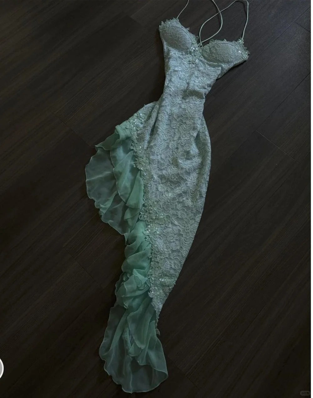 Fairytale Mint Green Spaghetti Straps Bodycon Chiffon Classy Prom Dress Lace Applique Sweet Party Dress