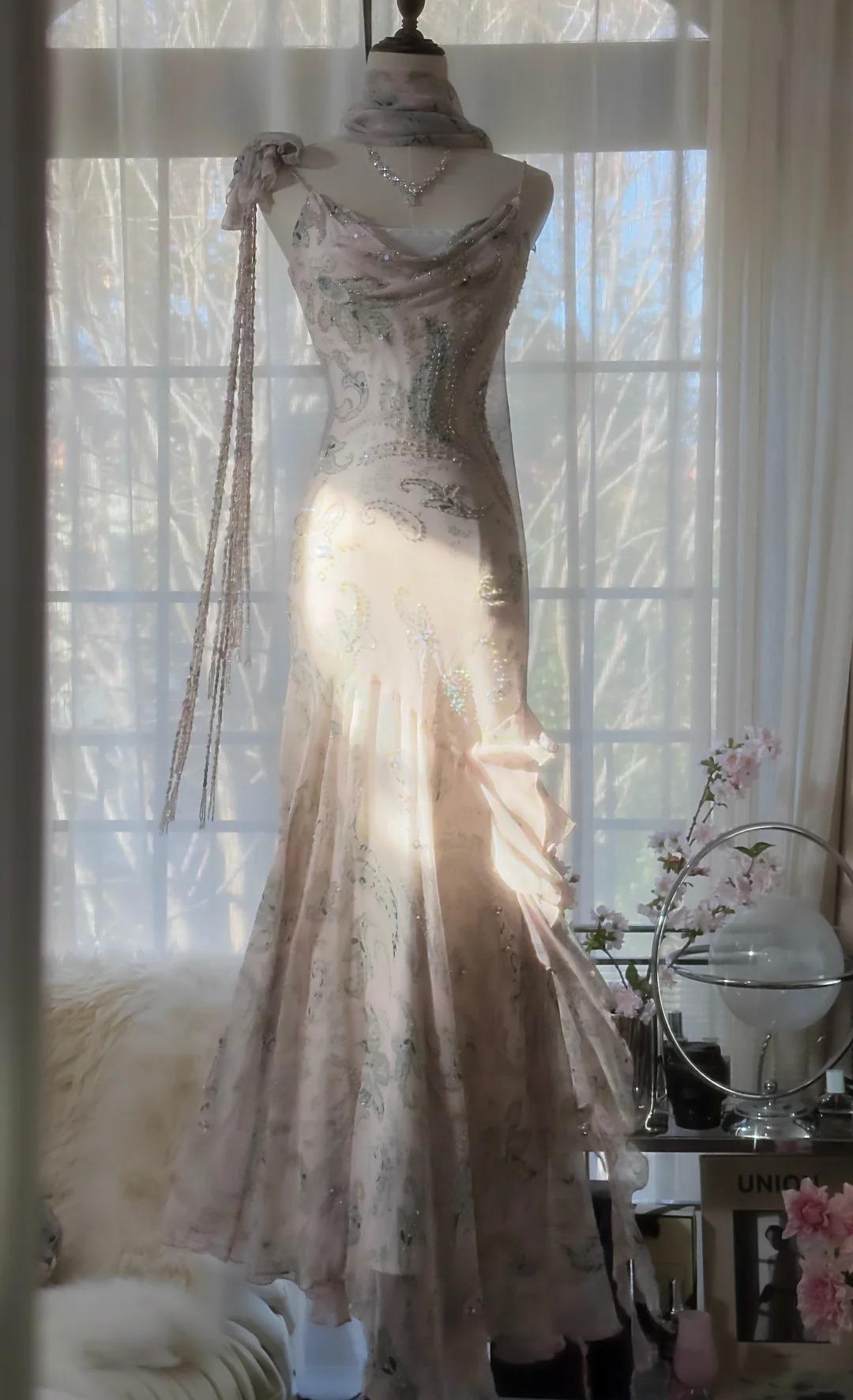 E??? Fairytale Pink Spaghetti Straps Mermaid Classy Evening Gowns Vintage Elegant Beaded Silk Long Classy Prom Dress Guest Dress Main image