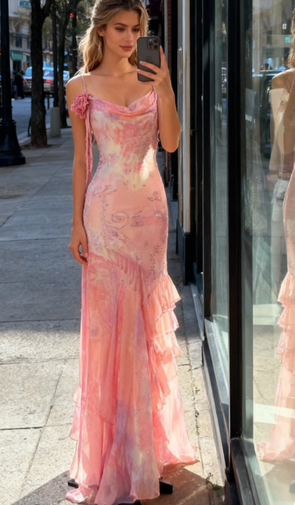 Vintage Pink Spaghetti Strap Mermaid Party Dresses  Fairytale Chiffon Beaded Long Prom Dresses