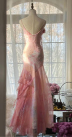 Vintage Pink Spaghetti Strap Mermaid Party Dresses  Fairytale Chiffon Beaded Long Prom Dresses