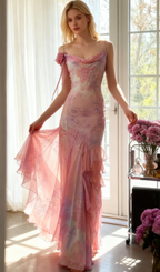 Vintage Pink Spaghetti Strap Mermaid Party Dresses  Fairytale Chiffon Beaded Long Prom Dresses