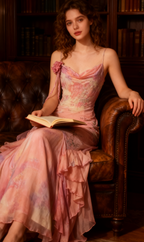 Vintage Pink Spaghetti Strap Mermaid Party Dresses  Fairytale Chiffon Beaded Long Prom Dresses