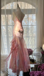 Fairytale Pink Mermaid Spaghetti Strap Beaded Ruffle Chiffon Classy Prom Dress