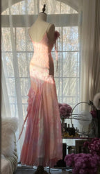 Fairytale Pink Mermaid Spaghetti Strap Beaded Ruffle Chiffon Classy Prom Dress