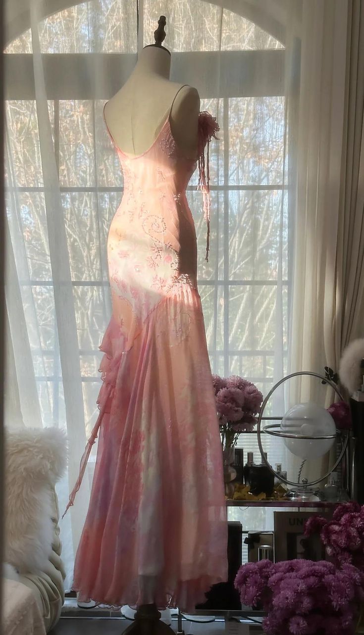 Fairytale Pink Mermaid Spaghetti Strap Beaded Ruffle Chiffon Classy Prom Dress