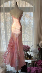 Fairytale Pink Mermaid Spaghetti Strap Beaded Ruffle Chiffon Classy Prom Dress