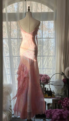 Fairytale Pink Mermaid Spaghetti Strap Beaded Ruffle Chiffon Classy Prom Dress