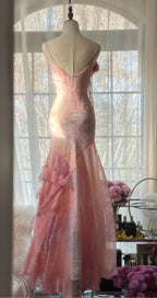 Fairytale Pink Mermaid Spaghetti Strap Beaded Ruffle Chiffon Classy Prom Dress