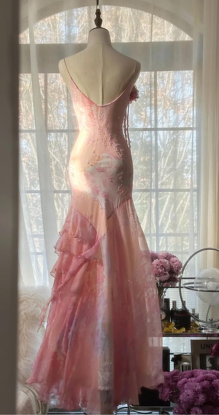 Fairytale Pink Mermaid Spaghetti Strap Beaded Ruffle Chiffon Classy Prom Dress