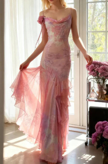 Fairytale Pink Mermaid Spaghetti Strap Beaded Ruffle Chiffon Classy Prom Dress