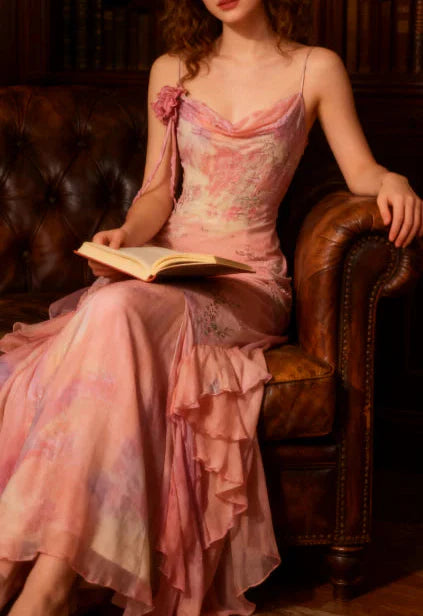 Fairytale Pink Mermaid Spaghetti Strap Beaded Ruffle Chiffon Classy Prom Dress