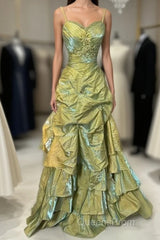 Fairytale Sage A-Line Mask Evening Prom Dress Beaded Satin Evening Gown For Birthady&Graduation