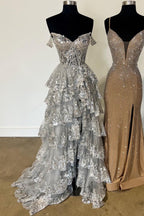 Fairytale Sequin-Embroidery Off-The-Shoulder Tiered Long Classy Prom Dress With Slit