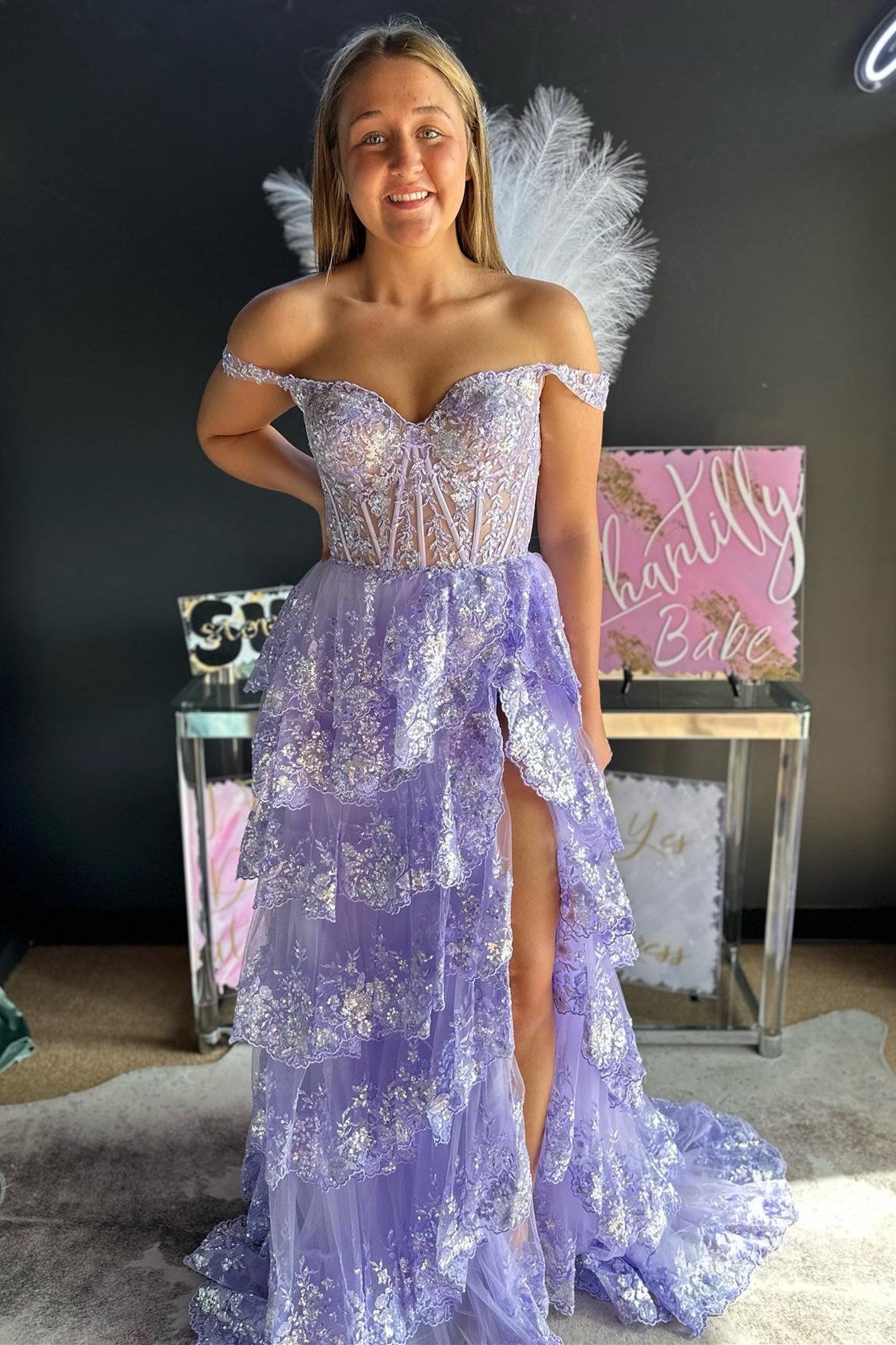 Fairytale Sequin-Embroidery Off-The-Shoulder Tiered Long Classy Prom Dress With Slit