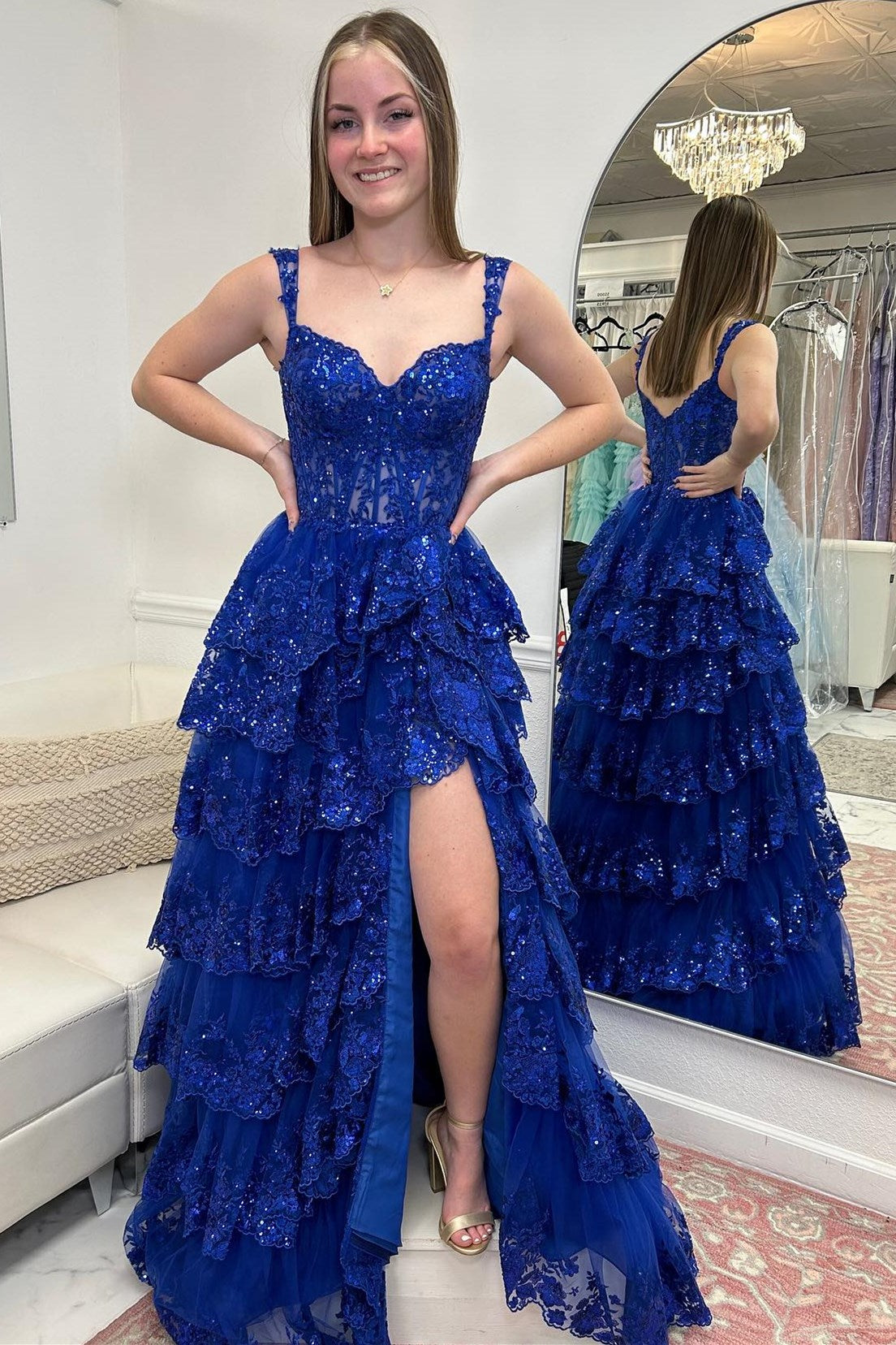 Fairytale Sequin-Embroidery Off-The-Shoulder Tiered Long Classy Prom Dress With Slit