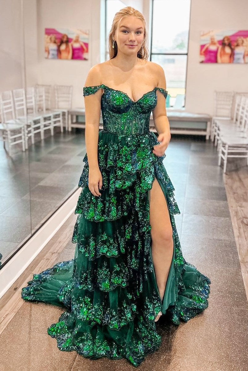 Fairytale Sequin-Embroidery Off-The-Shoulder Tiered Long Classy Prom Dress With Slit