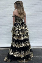 Fairytale Sequin-Embroidery Off-The-Shoulder Tiered Long Classy Prom Dress With Slit