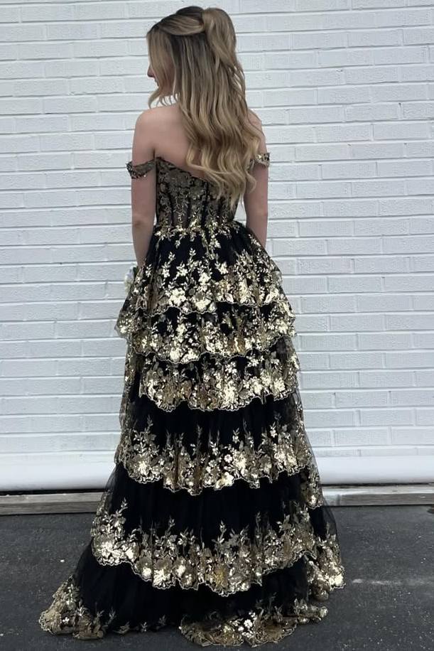 Fairytale Sequin-Embroidery Off-The-Shoulder Tiered Long Classy Prom Dress With Slit