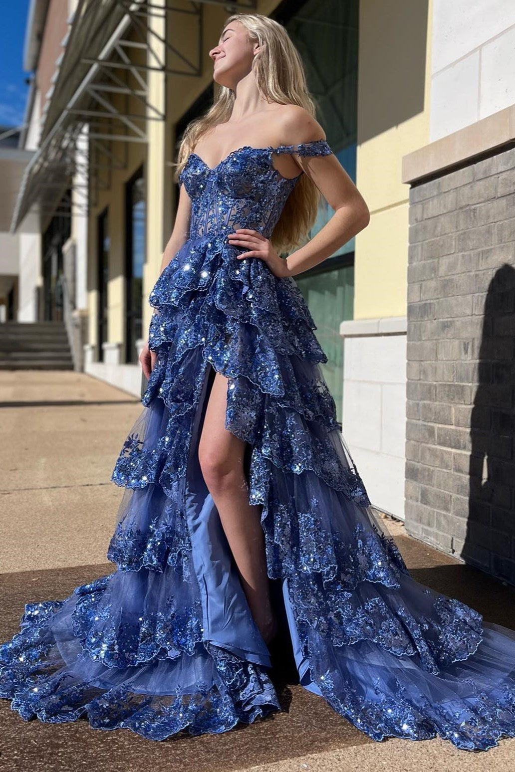 Fairytale Sequin-Embroidery Off-The-Shoulder Tiered Long Classy Prom Dress With Slit Secondary image