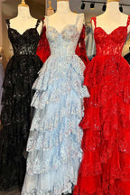 Fairytale Sequin-Embroidery Off-The-Shoulder Tiered Long Classy Prom Dress With Slit