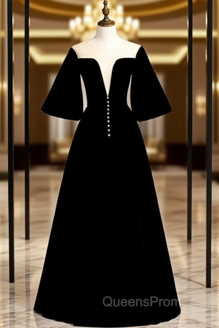 Fancy Black Velvet Horn Sleeve Illusion Evening Prom Dress Main image