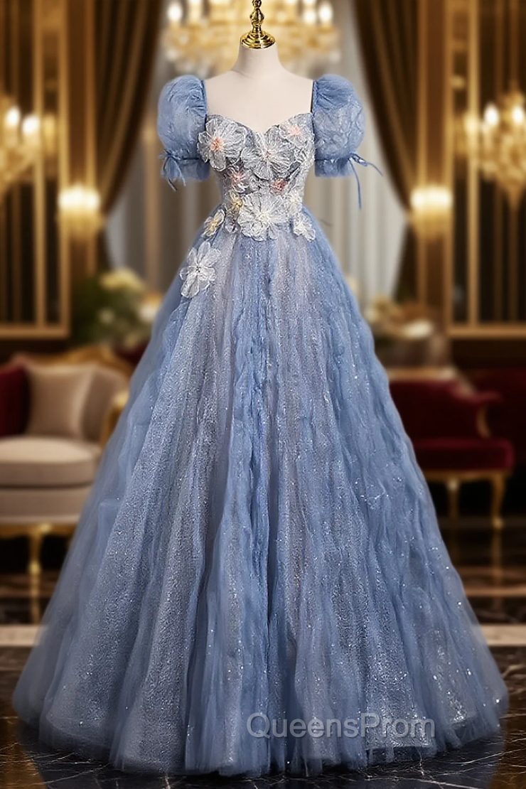 Fancy Blue Tulle Puff Sleeve Flower Evening Prom Dress