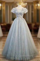 Fancy Gray Tulle Sequins Short Sleeve Beading Evening Prom Dress