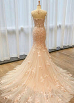 Fantastic Mermaid Tulle Wedding Dress With Lace Appliques & 3D Flowers & Beadings
