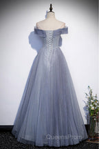 Fantasy Dusty Blue Bling Tulle Evening Prom Dress Off Shoulder With Bling