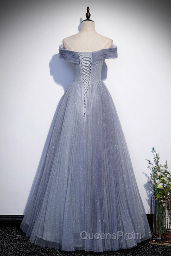 Fantasy Dusty Blue Bling Tulle Evening Prom Dress Off Shoulder With Bling