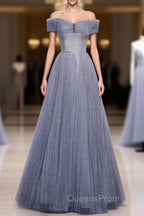 Fantasy Dusty Blue Bling Tulle Evening Prom Dress Off Shoulder With Bling
