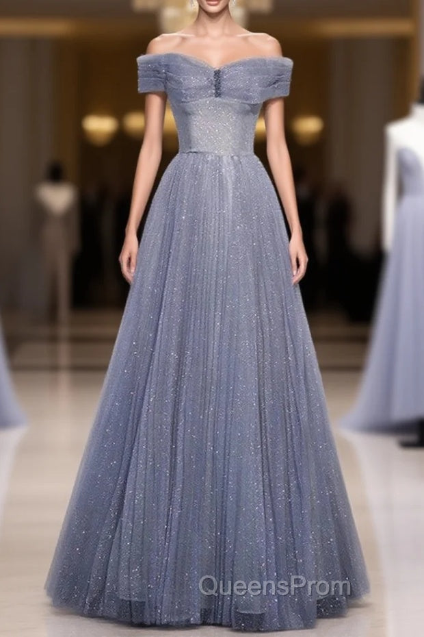 Fantasy Dusty Blue Bling Tulle Evening Prom Dress Off Shoulder With Bling