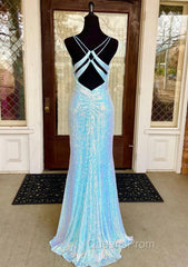 Fantasy Evening Prom Dress, Sheath/Column V Neck Spaghetti Straps Sweep Train Sequined Evening Prom Dress With Split