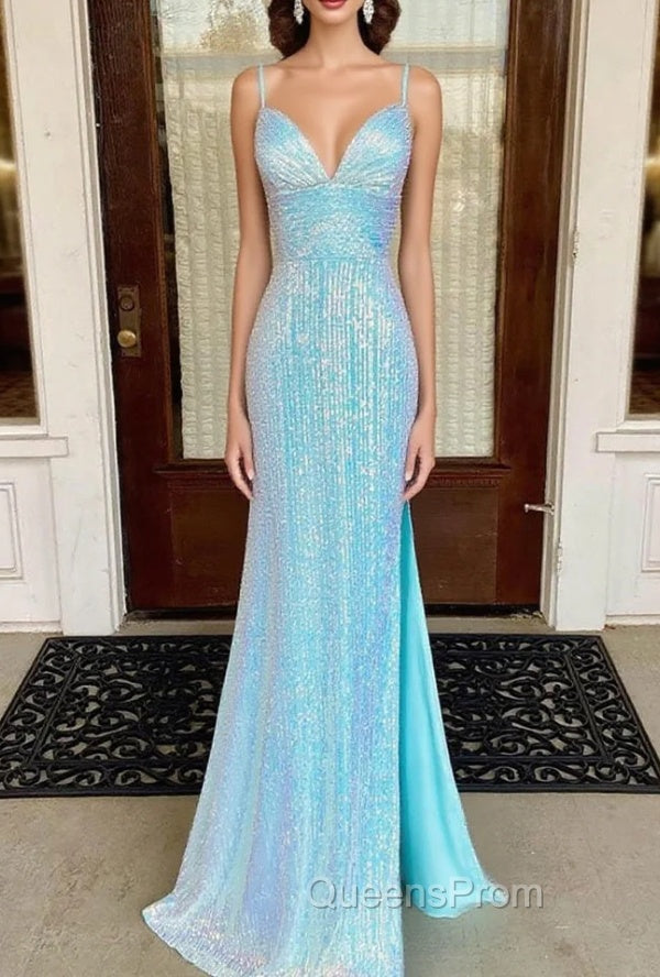 Fantasy Evening Prom Dress, Sheath/Column V Neck Spaghetti Straps Sweep Train Sequined Evening Prom Dress With Split Main image