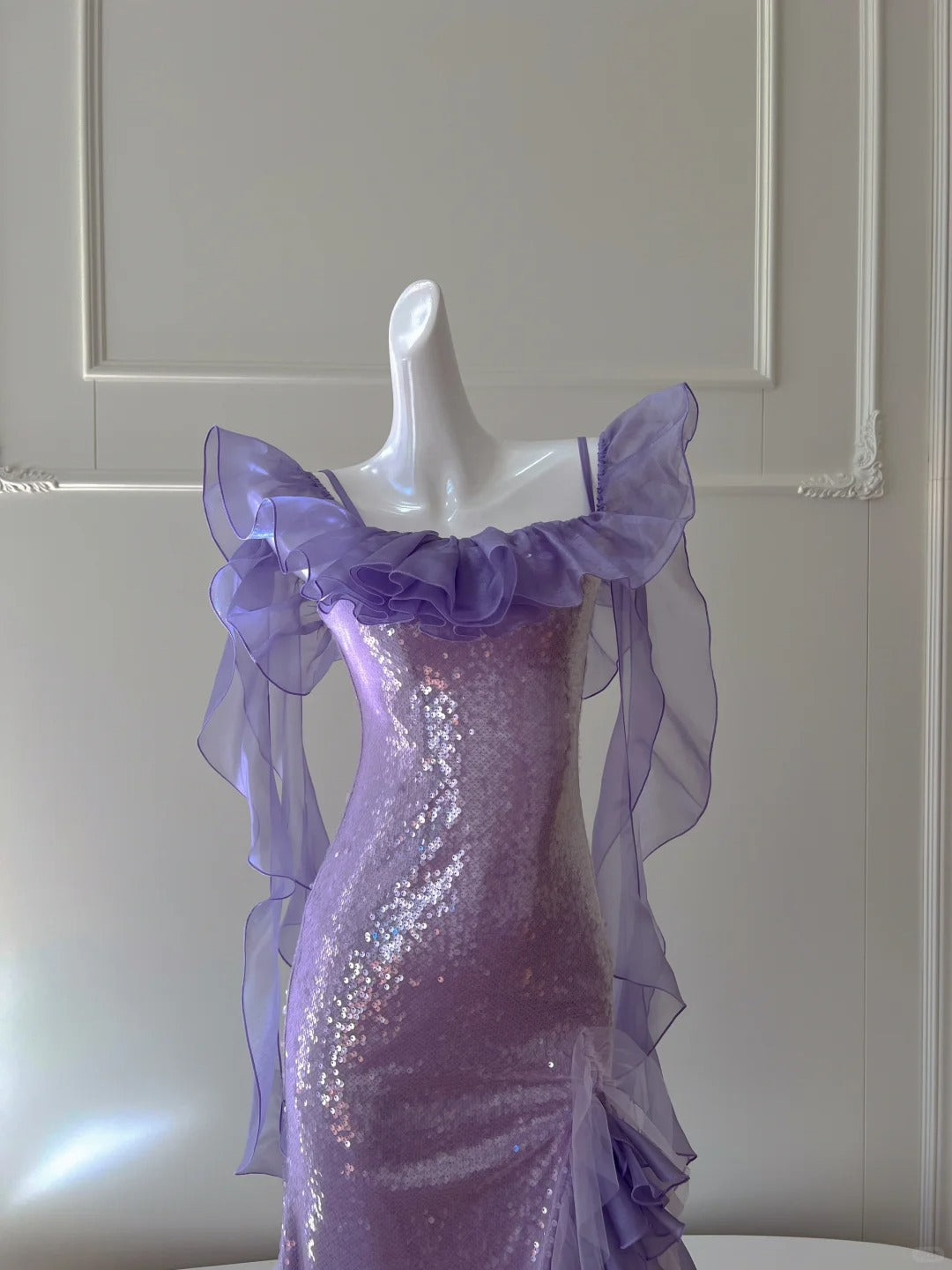 Fantasy Purple Mermaid Ruffled Tulle Sequined Long Classy Prom Dress