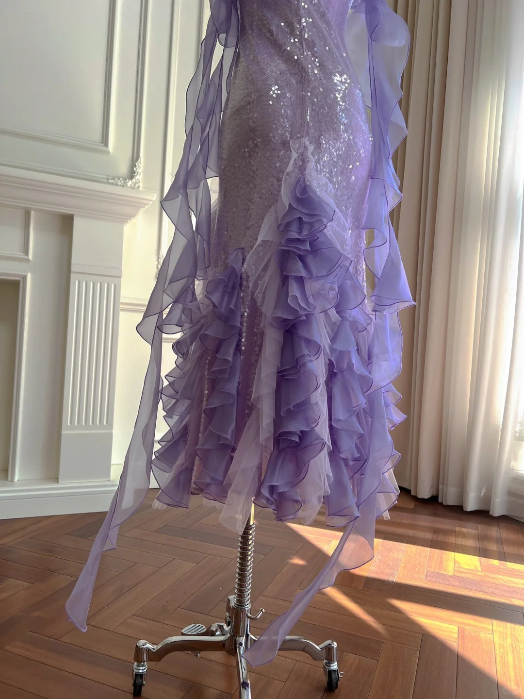 Fantasy Purple Mermaid Ruffled Tulle Sequined Long Classy Prom Dress