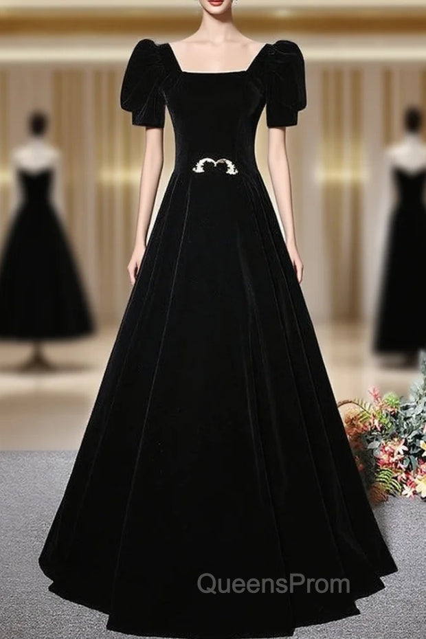Fashion Black Velvet Short Sleeve Square Neck Evening Prom Dress Main image