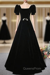 Fashion Black Velvet Short Sleeve Square Neck Evening Prom Dress