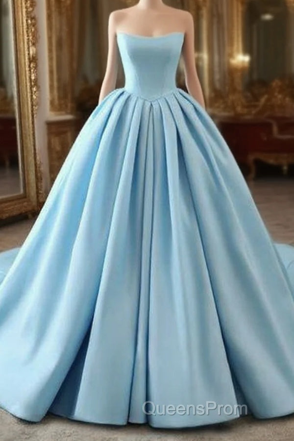 Fashion Blue Ball Gown Strapless Pleats Wedding Dress With Train Long Evening Prom Evening Dress Formal Gown Main image