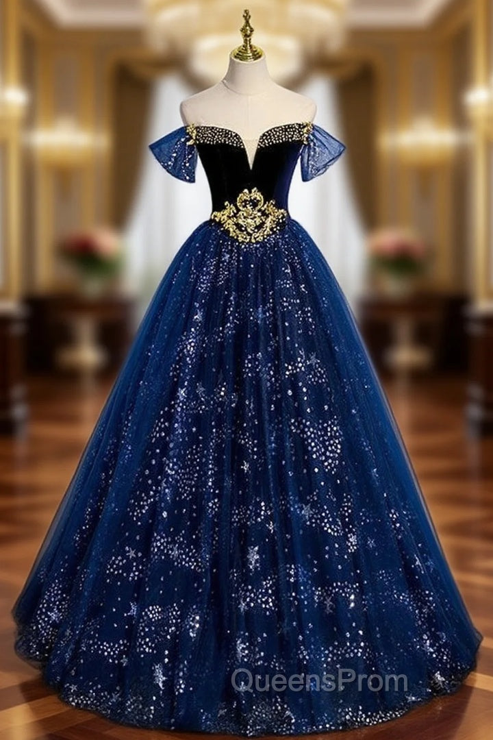 Fashion Blue Tulle Sequins Beading Off the Shoulder Evening Prom Dress