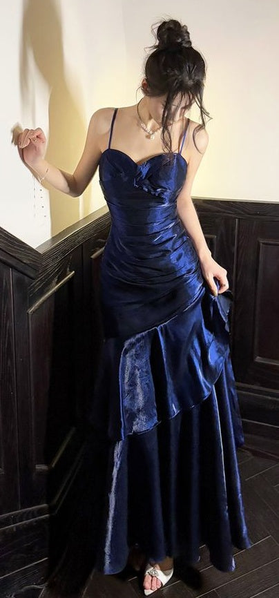 Fashion Burgundy Ruffle Long Classy Prom Dress Spaghetti Straps Dance Dress