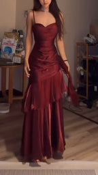 Fashion Burgundy Ruffle Long Classy Prom Dress Spaghetti Straps Dance Dress