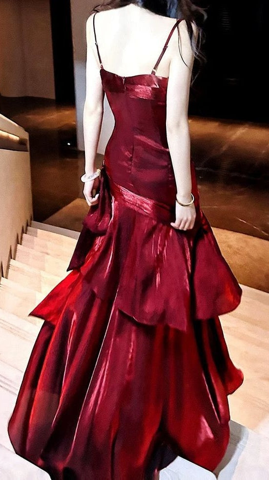 Fashion Burgundy Ruffle Long Classy Prom Dress Spaghetti Straps Dance Dress