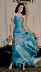 Fashion Burgundy Ruffle Long Classy Prom Dress Spaghetti Straps Dance Dress