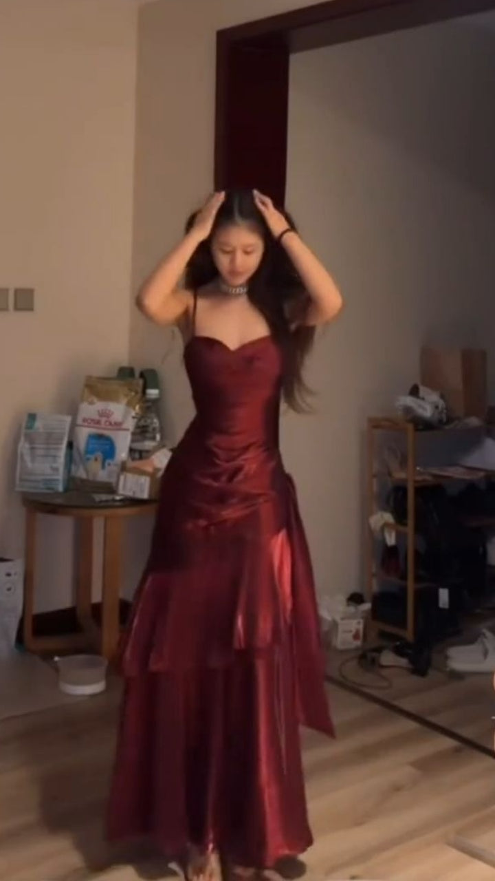 Fashion Burgundy Ruffle Long Classy Prom Dress Spaghetti Straps Dance Dress Main image